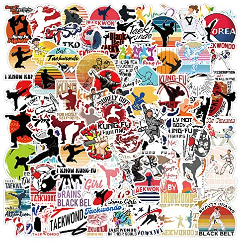 Lot de 100 autocollants de combat Kung Fu - Autocollants personnalisés avec motifs d'arts martiaux - Convient pour ordinateur portable, skateboard, voiture