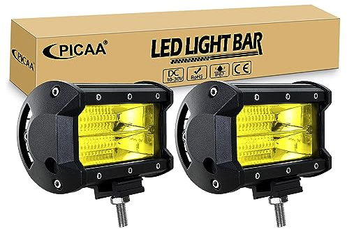 PICAA 2x 5 Zoll 72W Gelb LED Arbeitsscheinwerfer, 3000K LED Lightbar Lichtbalken 12V 24V Lichtleiste Zusatzscheinwerfer für Auto Offroad 4x4 LKW Traktor ATV Motorrad