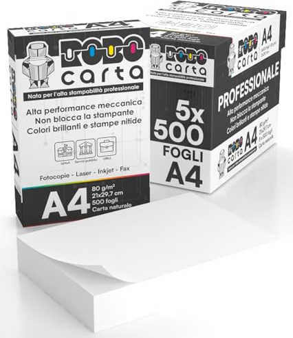 Carta A4 Economica per Stampante, 5 Risme da 500 Fogli - 2500 Totali, RoboCarta da 80gr per Ufficio, Fotocopie, Multiuso