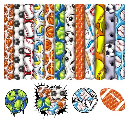 HTVSTD 3D inflated Patterned HTV Vinyl - 12 Sheets 12x10 Sports Ball Heat Transfer Vinyl Baseball/Basketball/Tennis Ball Iron on Vinyl for T-Shirts HTV