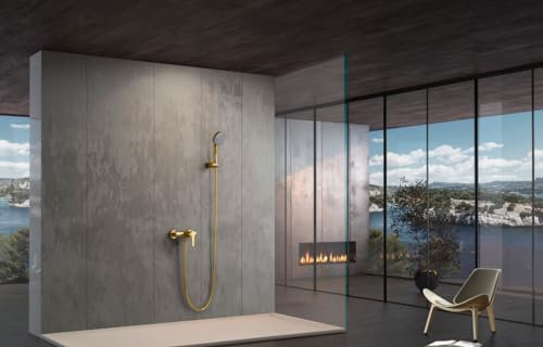 MICE - Rubinetteria monocomando per doccia con manico e flesso in ottone - Set miscelatore monocomando doccia a mano kit bagno oro spazzolato BDR001-5OC