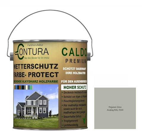 Contura Wetterschutzfarbe 500ml. Holz Dauerschutzfarbe Deckend Buntlack Holzfarbe Holzlasur Seidenmatt (Pegasus Grau - RAL 7044 Analog)
