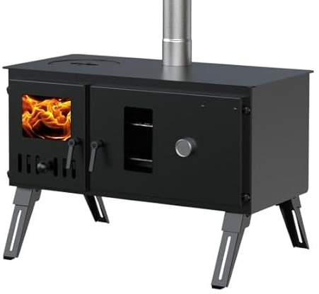 DWD® Galloway Camping Stove Outdoor Portable Wood Log Burner Double Oven Stove/Cooking Hob with Flue, Spark Cap,Oversized Heat Resistant Glass Windows on Fire Box, Nylon Carry Bag, Gloves