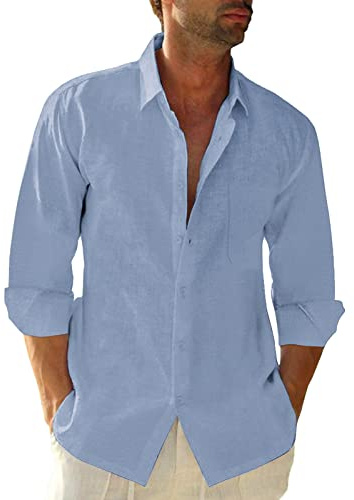 Friptspyg Linen Shirts Mens Long Sleeve Button Down Beach Causal Shirts for Men Adult UK with Pocket