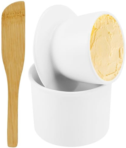 HEKOBAG Mantequillera Francesa, Blanca, Mantequillera Francesa de Porcelana, Campana de Mantequilla de Cerámica con Rascador de Madera, Cuenco de Mantequilla de Cerámica Francesa para Desayuno