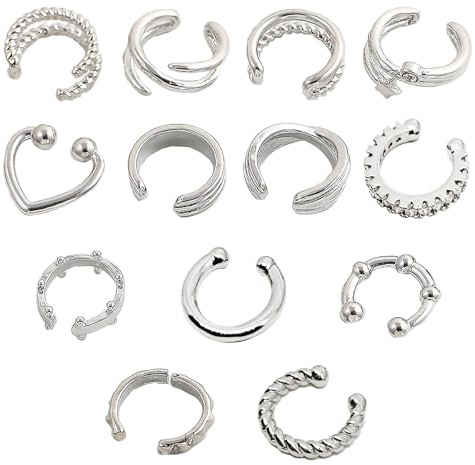 13 PCS Ear Cuff No Piercing Adjustable Silver Plated Fake Earring Set Clip on Helix Cartilage Wrap for Women Girls Without Ear Piercings