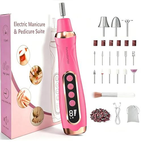 XunmotorYao Torno para Uñas Profesional 20000 RPM Lima 15 in 1 Eléctricas Uñas Torno sin Cable con Velocidad Ajustable con Pantalla LCD Kit de Manicura y Pedicur para Hogar Salón DIY,Rojo rosa