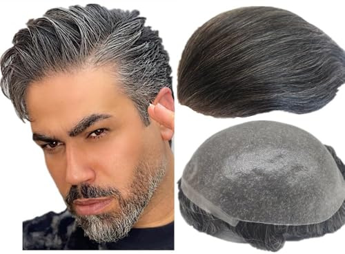 NLW 0.04mm Thin Skin Double Knots Mens Toupee 100% Human Hairpieces system mens grey toupee Straight mens grey hair unit Durable Real Hair System for Men (#1B20 PU)