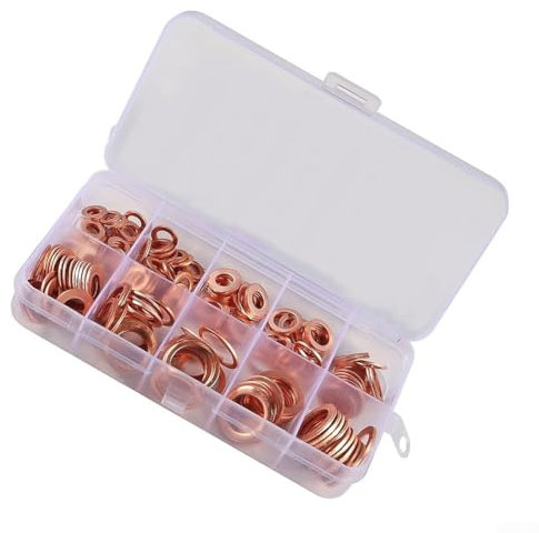 Entgoinggo Copper Washer Gasket Set Flat Ring Seal Assortment Kit with Box for Industrial Household Commercial Appliances Automotive 13 * 7 * 2 cm(120pcs)