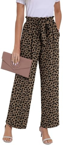 PrinStory Dambyxor med vida ben lätta elastisk midja sommarbyxor med fickor avslappnade arbetsbyxor, Leopard mörk khaki, L