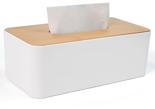 UHETLET Boîte à mouchoirs, Boîte rectangulaire à mouchoirs Standard Distributeur lingettes Salle de Bains Distributeur de mouchoirs en Plastique, Couvercle en Bambou pour Bureau, Voitures, 25x13x9cm