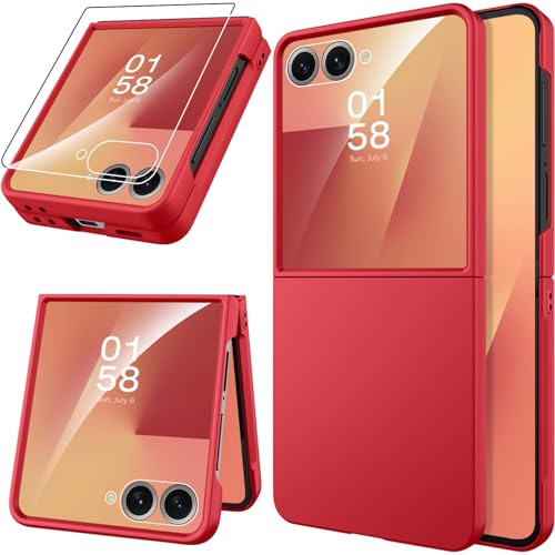 Miimall Funda para Samsung Galaxy Z Flip 7 5G, [Protector de Pantalla de Cristal Templado Integrado] Slim Funda ZFlip 7 Rugerizada Antichoque, Cómodo Tacto, Mate PC Dura Fina Carcasa para Flip7, Rojo