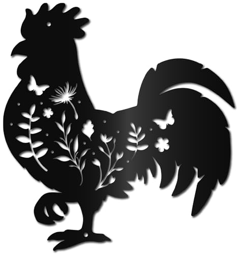 CREATCABIN Decorazione da Parete in Metallo Nero A Forma di Pollo Scultura Cava Fiore Foglia Silhouette Ornamento da Appendere in Ferro per Veranda Soggiorno Casa Ufficio Giardino Balcone 30x28cm