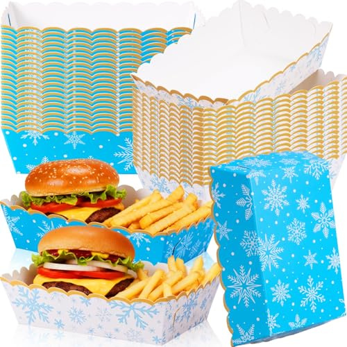 Dunzoom 60pcs Blue White Christmas Snowflake Paper Food Trays Winter Plate