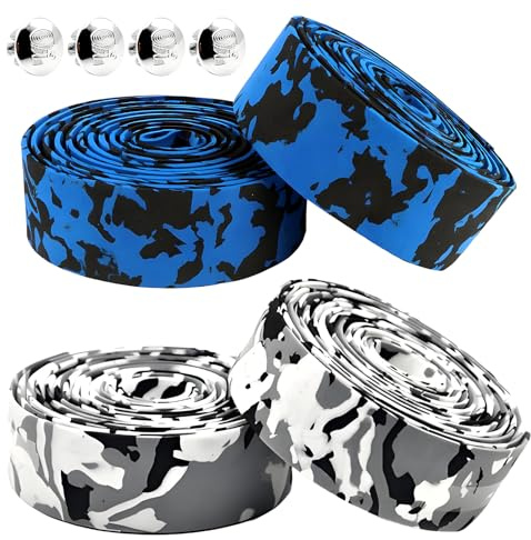 Bike Handlebar Tape, 4 Rolls Non Slip Road Bicycle Handlebar Tapes, Bicycle HandlebarBelt with 2 Plugs for Road and City Bikes(Black and White, Blue and Black)