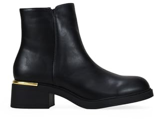 BOSANOVA Botines de caña Baja para Mujer en Piel Vegana con Suela Plana y Ligero tacón con Detalle metálico. Cierre con Cremallera Interior. Calzado para Mujer Negro 36