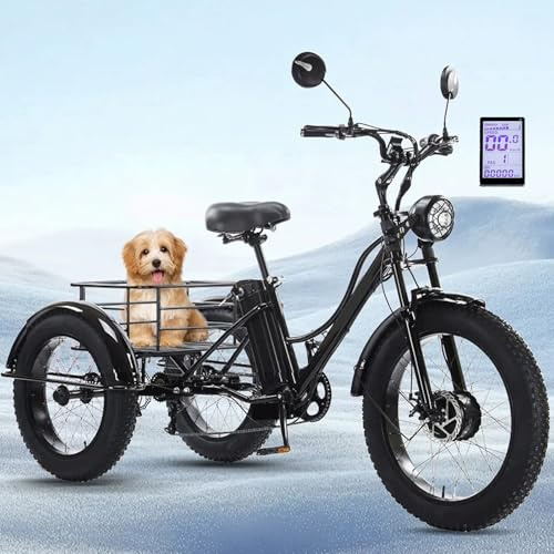HDaspijh Triciclo Eléctrico De 24'' Y 7 Velocidades para Adultos, con Neumáticos Anchos, Batería De 48 V Y 18 Ah, Autonomía De 64 Km, 3 Modos De Conducción, Cesta Grande, Pantalla LCD Black
