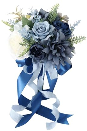 Chatonshen Bouquet Da Sposa Artificiali, Bouquet Da Sposa, Fiori di Seta con Nastro Decorativo per La Sposa O Le Damigelle per Matrimoni, Feste, Annivers, Blu