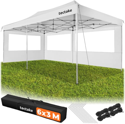 tectake® Fällbar paviljong, 3x6 m, vattentät, 3 sidopaneler med fönstera, höjdjusterbar, UV-skydd 40+, hopfällbart tält i aluminium, hopfällbar paviljong, för trädgården, festivaler, terrassen - vit