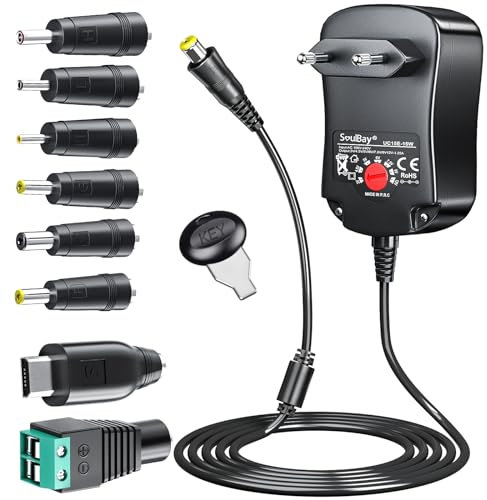SoulBay 3V 4,5V 5V 6V 7,5V 9V 12V 1000mA Adaptateur AC/DC Universel Bloc d’alimendation avec 8 connecteurs auswählbaren Adaptateur pour 3-12 V Ménager Elektronik - Cble 150 cm