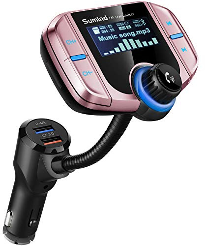 Sumind 2026 Upgraded Wireless Bluetooth Car Adapter FM Transmitter, 1.7'' LCD Display, Flexible Gooseneck, 20W QC3.0&Dual USB Ports, AUX Input/Output for Hands-Free Call, Micro/TF Card(Rose,Normal)