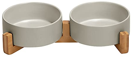 SPUNKYJUNKY Ceramic Dog and Cat Bowl with Wood Stand Non-Slip Matte Glaze Weighted Food Water Set for Cats &Small Dogs 13.5OZ