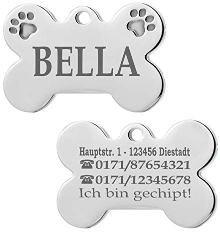 Ibera gifts - Hundemarke mit Gravur und personalisierte Hundemarke in Knochenform für mittelgroße bis große Haustiere (Groß, 2 Pfoten, Silber)