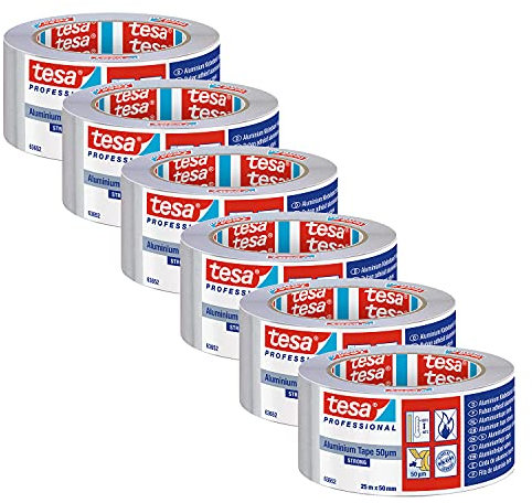 tesa 63652 ALU Band Extra Stark - Alu-Klebeband mit Liner und 50 µm Aluminiumfolie - Dichtungsband für metallische Oberflächen - feuchtigkeitsbeständig und temperaturresistent - je 25m x 5cm, 6er Pack