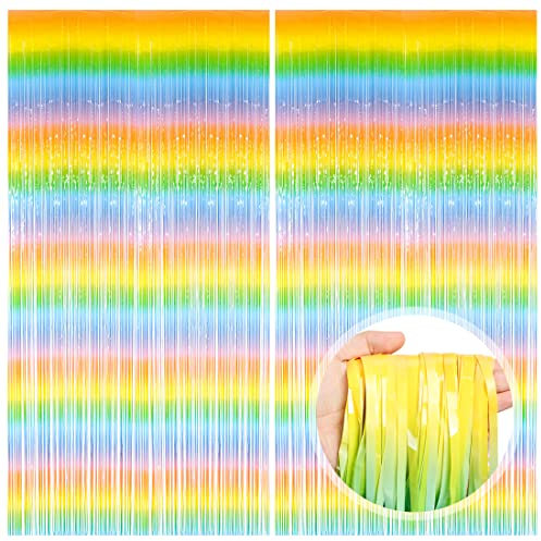 O-Kinee Lametta Vorhänge Bunt Regenbogen, 2 Stück Metallische Glitzervorhang Fringe 1m x 2m, Glitzer Tinsel Curtain, Folienfransen Vorhang für Weihnachtsbaum Geburtstage Festivals Party ​Bühnendekor