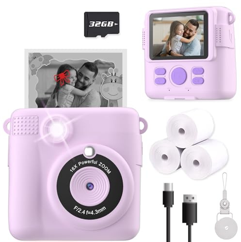 ESOXOFFORE Instant Print Camera for Kids, Christmas Birthday Gifts for Girls Boys Age 3-12,Kids Digital Cameras for Toddler, Portable Toy for 3 4 5 6 7 8 9 10 Year Old Girl with 32GB SD Card-Purple