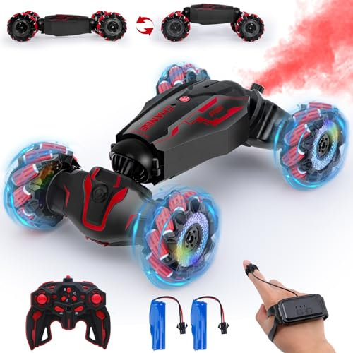 Yellcetoy Fjärrstyrd bil med musik och ljus, 4WD RC Stuntbil Driftbil med batterier och spray, presenter för barn pojkar 6 7 8 9 10 11 12+ Röd