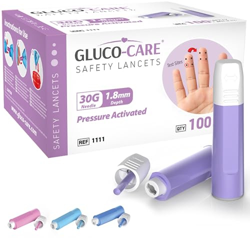 GLUCO-CARE Safety Lancets 30G x 1.8 mm, Contact Activated Lancing Device, Preloaded Single-Use Design, Sterile, Box of 100, Automatic Tip Retraction, Gentle Sampling, Easy 3-Step Operation,