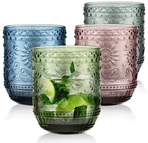 Joeyan Bicchiere Acqua Vetro Colorati, Set di 4, Bicchieri Impilabili da 360 ml Bicchiere con Fiore Moderni in Rilievo, per Succhi, Birra, Cocktail, Limonata, Succo Lavabile in Lavastoviglie