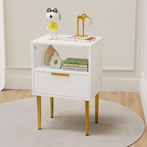 Lvhecforhm Table de Chevet, Table de Nuit en Bois, Petit Table de Chevet, Table d'appoint avec 1 Tiroirs Blanc, Table de Nuit avec Pieds Dorés, Moderne Tables Basses avec et Compartiment pour Salon