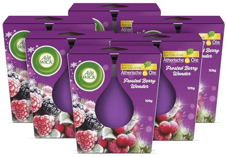 Air Wick Vela aromática en tarro de cristal, aroma a Berry Wonder Frosted Berry Wonder, hasta 20 horas de combustión, contiene aceites esenciales naturales, 6 x 105 g, color morado