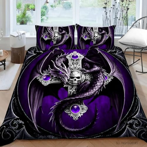 ZZTBQ Tiere Muster Bettwäsche 200x200 3teilig Totenkopf Gotisch Schädel Skull 1 Bettbezug 200x200 cm + 2 Kissenbezüge 80X80 cm, Lila Drachen Bettwäsche-Sets Polyester Mikrofaser mit Reißverschluss