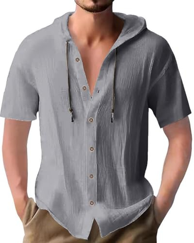 PRIVIMIX Chemise pour Hommes Manches Courtes Boutonnée Chemises à Capuche Lin Coton Regular Fit Été Plage Shirt Gris 3XL