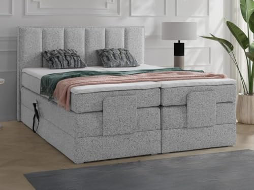 Vente-unique-Boxspringbett mit Bett-Kopfteil + elektrisch verstellbare Lattenroste + Matratzen + Topper - 2 x 80 x 200 cm - Stoff - Grau - KALASI von Palacio