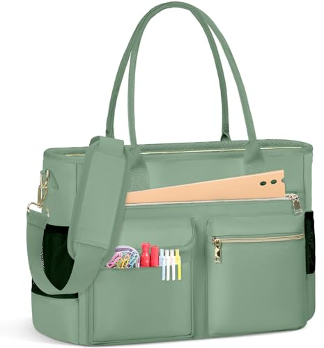 RAINSMORE Laptop Tote Bags for Women 15.6 inch Teacher Bag Large Nurse Utility Bag Computer Messenger Briefcase with Insulated Pocket for Work School Office Business University Mint Green