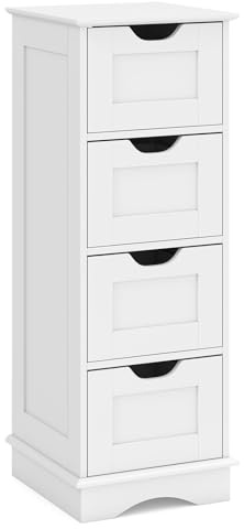 COSTWAY Bathroom Floor Cabinet, Freestanding Narrow Storage Cupboard with 2/4 Drawers, Wooden Side Cabinet Slim Bathroom Unit Organizer for Living Room Hallway (4 Drawers, White)