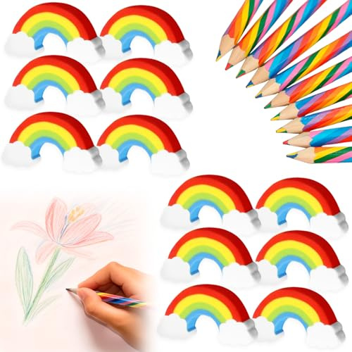24 juegos de papelería arco iris, 12 lápices de arco iris, 12 gomas de arco iris, lápiz 7 colores en 1, lápices de colores para niños adultos, dibujo y coloración, regalo creativo escuela y bricolaje