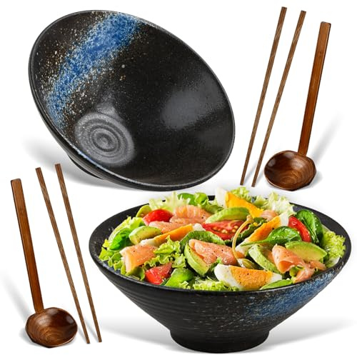 Ecofocet 2 Ensemble De Bols Ramen En Céramique Avec Baguettes Et Cuillère, 2×1000ml Bol à Soupe Ramen Japonais en Porcelaine, Grandes Saladier, Bol de Nouilles, Bol de Céréales (Bleu-B)