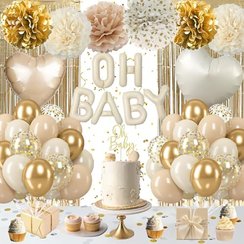 Beige Baby Shower Decorazioni Adatti a Maschio e Femmina Con Palloncini Oh Baby,Palloncini Foil Cuore,Tenda con Frange Dorate per Benvenuto Nascita Bambino