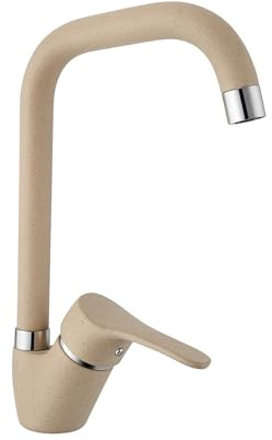 Miscelatore Cucina a Canna Alta Girevole, Rubinetto Monocomando in Granito Color Sabbia/Avena, Design Moderno, Finitura Effetto Pietra con Inserti Cromati