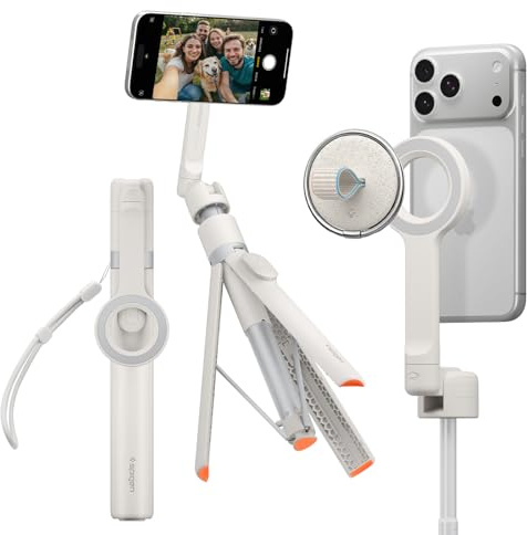 Spigen S582W Palo Selfie Trípode Dual MagSafe 66, Extensible, Cabezal 360°, Control Bluetooth, Soporte Magnético MagFit One-Push, Anillo Metálico - Dune Beige