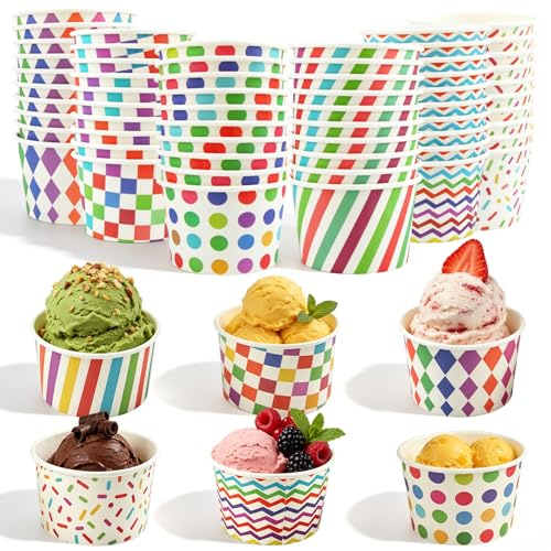 Shyllin Bicchieri di carta per gelato 50 pezzi, Ciotole usa e getta da dessert per cibi caldi o freddi, tazze per coppa di gelato, yogurt congelato (linear)