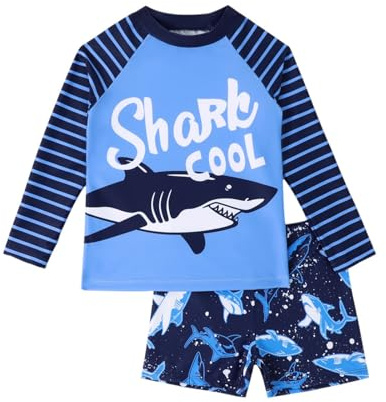 Generisch Maillot de bain 2 pièces à manches courtes pour enfant - Maillot de bain Rashguard - Protection - Séchage rapide - Tenue de plage, bleu, 6Y=110
