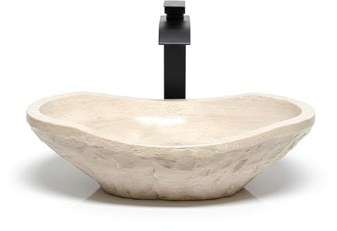 Shades of Nature Oval Travertine Vessel Sink – Natural Stone Wash Basin, Hand-Carved Bathroom Sink with Chiseled Exterior & Polished Interior, Above Counter Vanity Basin (Includes Matching Soap Tray)