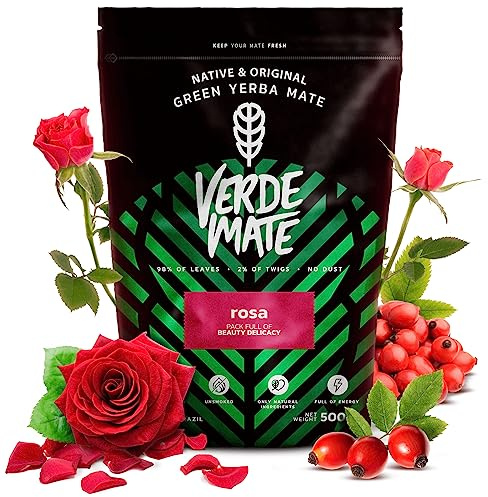 Verde Mate Yerba Mate Tea Rosa 500g – Air‑dried, Unsmoked, Without Stems or Powder, Delicate Floral Blend with Rose from Brazil