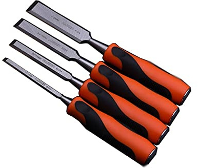 Edward Tools Harden Wood Chisel Set - Heavy Duty 4 Piece Woodworking Tools Set Includes 1/4”, 1/2”, 3/4”, 1” - Cr-V Steel with Ergo Soft Grip - Sharp Carving Bevel Edge - Steel Butt for Hammer